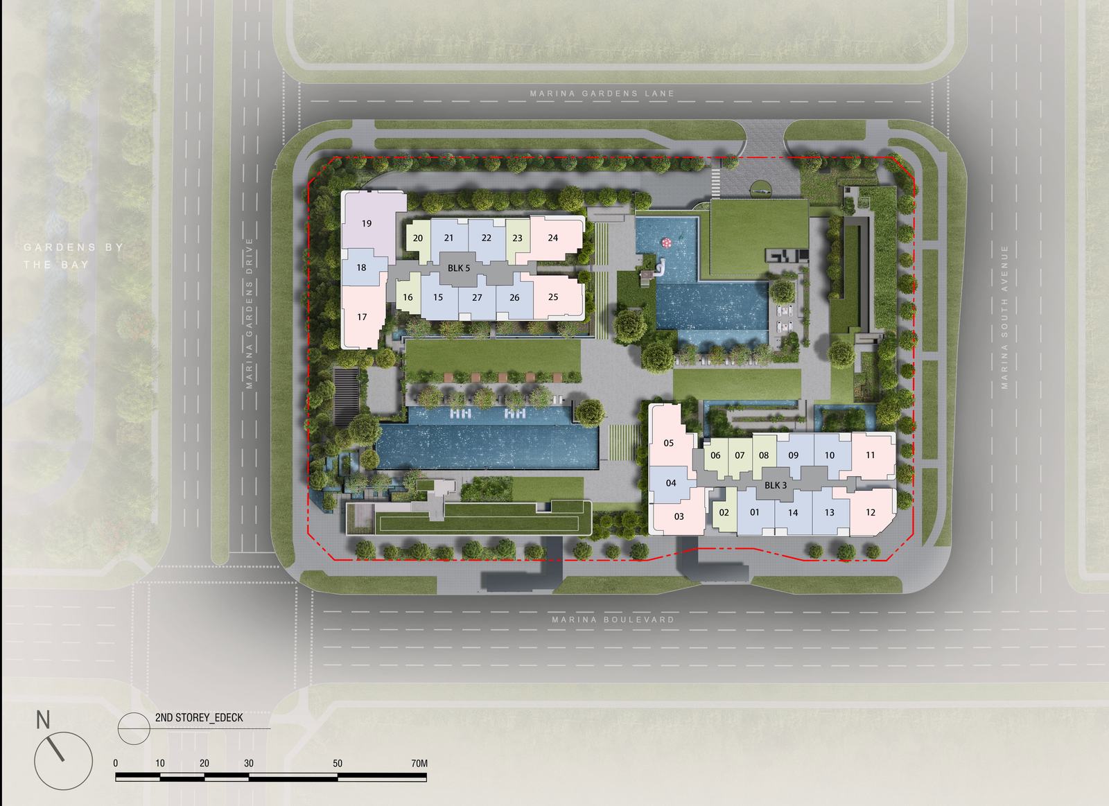 Site plan of One Marina Gardens showing the two towers and the landscape deck