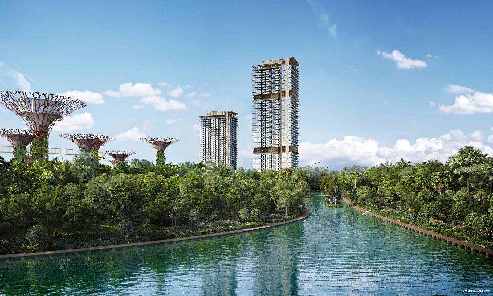 Artist's impression of the towers seen from Gardens by the Bay, with the Supertrees in front